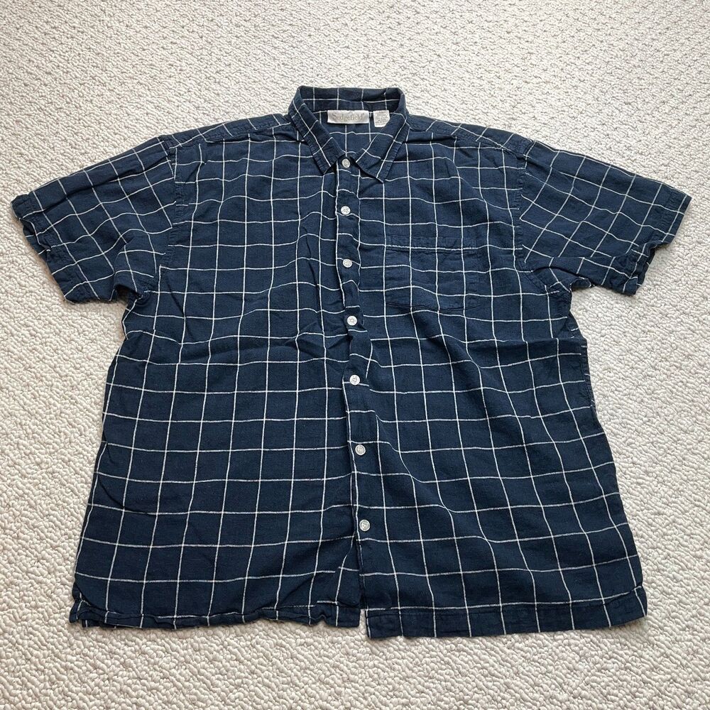 Sedgefield Button Up Shirt Mens XXL Dark Navy Blue Plaid Short Sleeve Collared